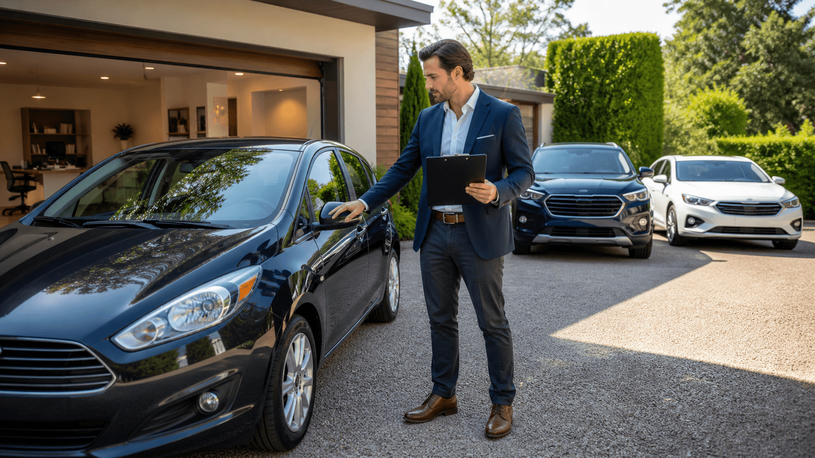 Part-time car dealer reviewing paperwork beside a silver vehicle in a bright showroom.
